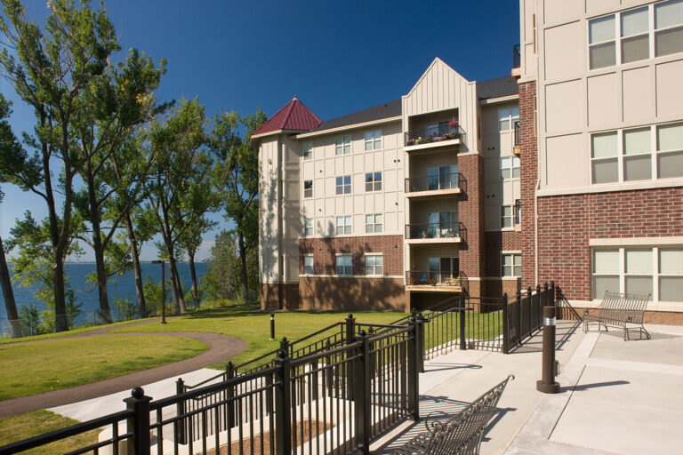 Exterior view of Lakeshore facility with outdoor space