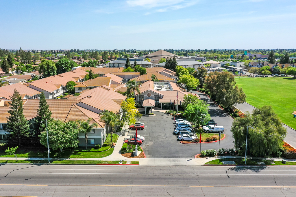 Aerial view of Fresno Senior Living campus with landscaped grounds