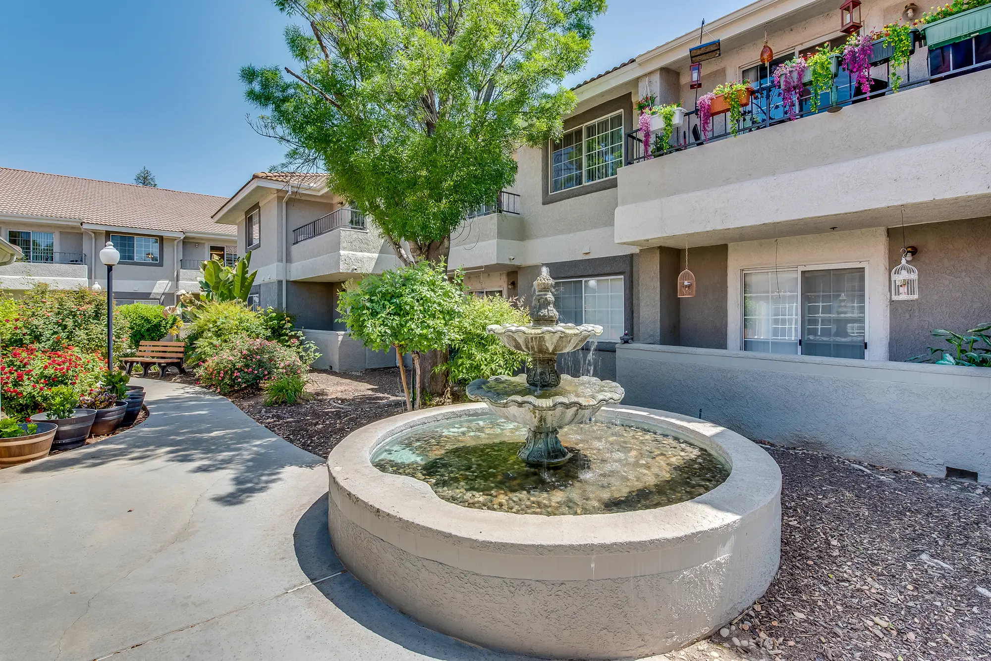 Outdoor area featuring a fountain and landscaped garden