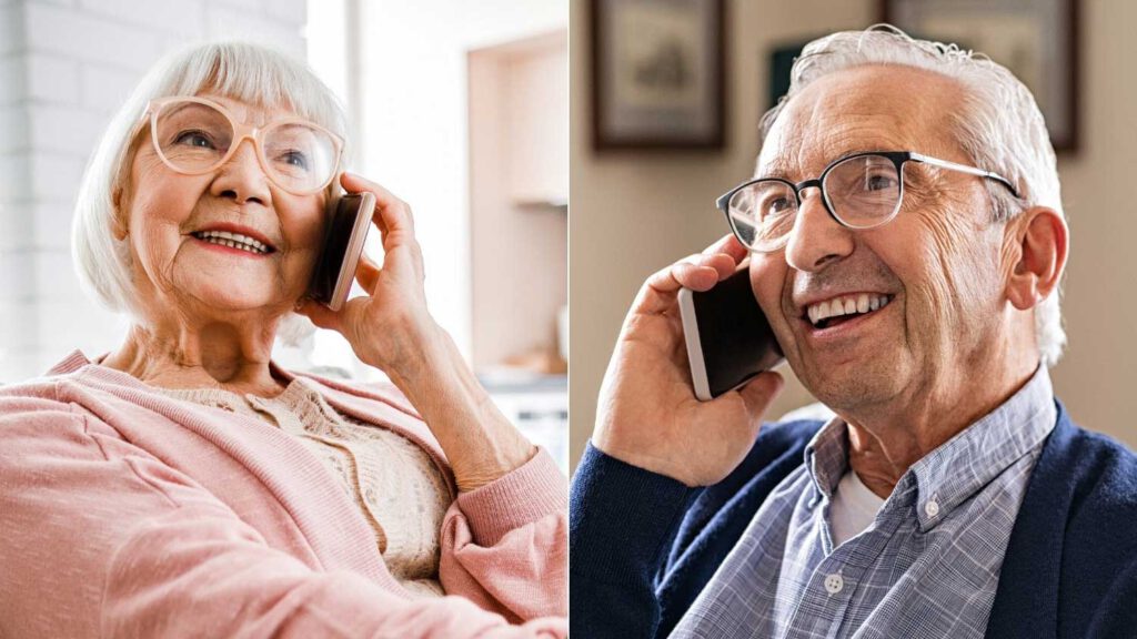 Two seniors smiling while on phone calls