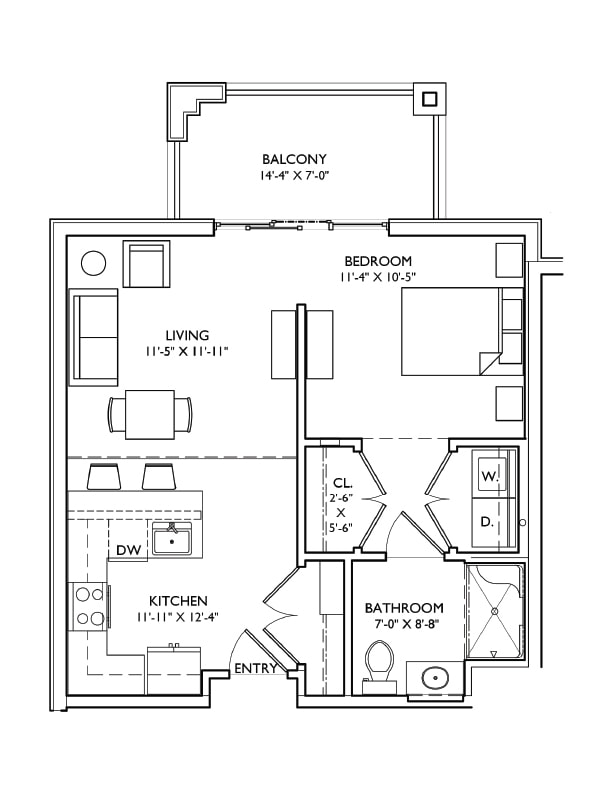 Architectural floor plan of a senior living unit