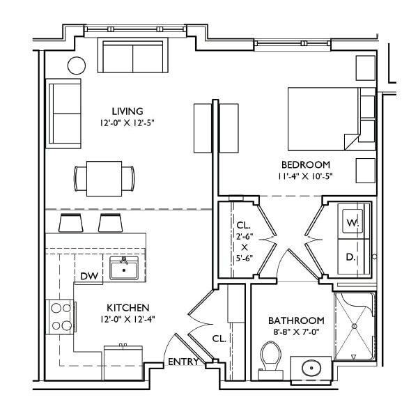 Architectural floor plan of a two-bedroom unit