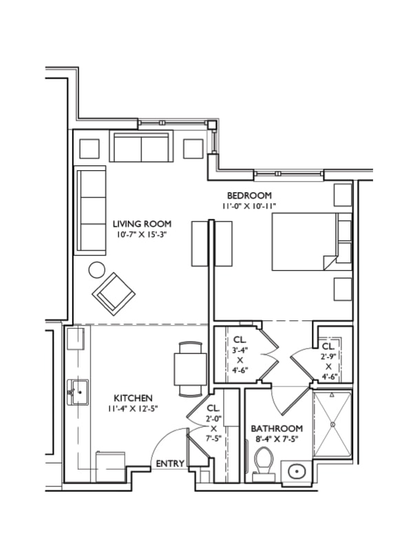 Architectural floor plan of a one-bedroom unit