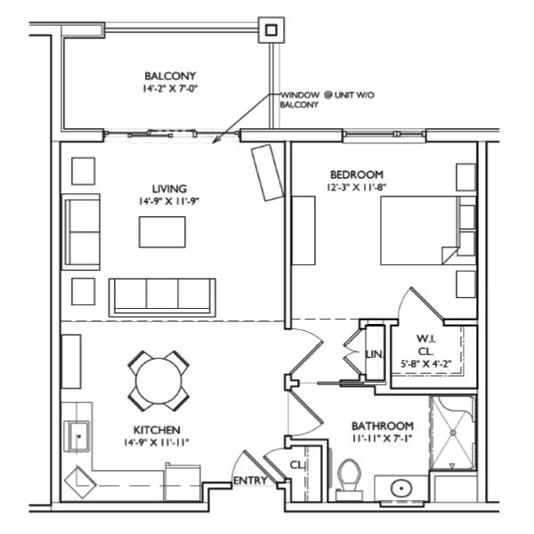 Architectural floor plan of a one-bedroom unit