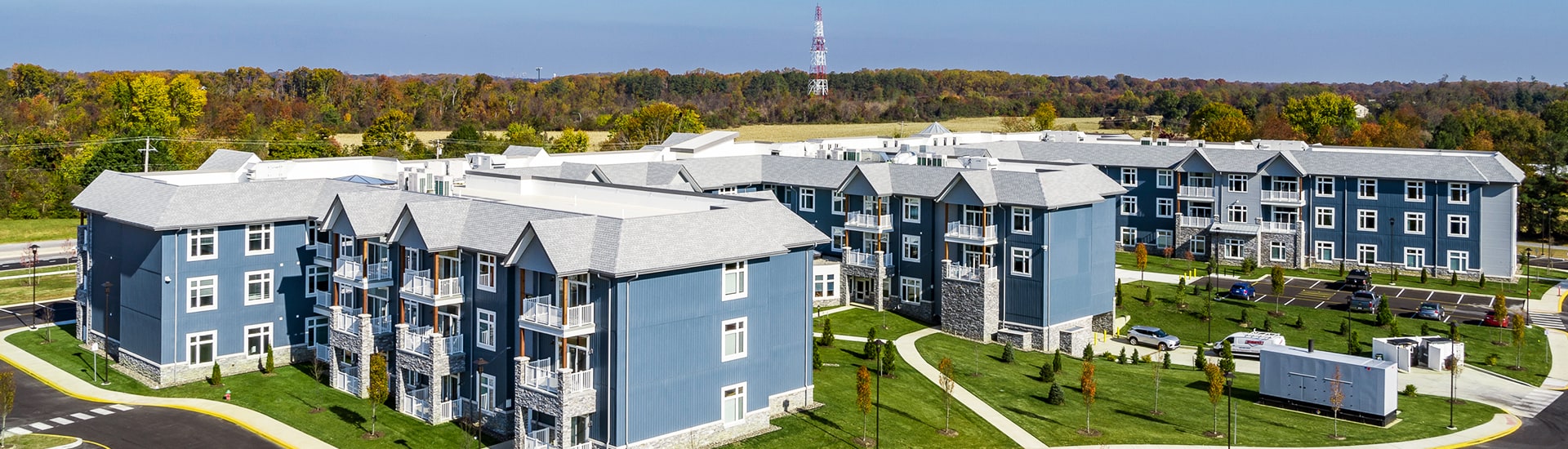 Aerial view of Meadowcrest facility with colorful trees