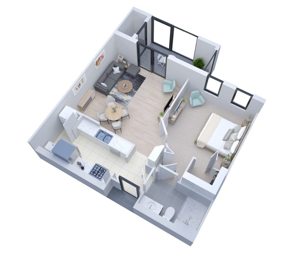 Aerial view of a stylish one-bedroom apartment layout