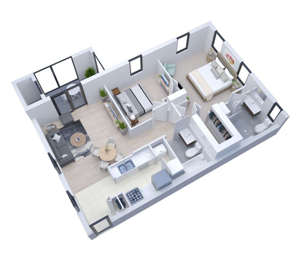 Architectural floor plan of a two-bedroom unit