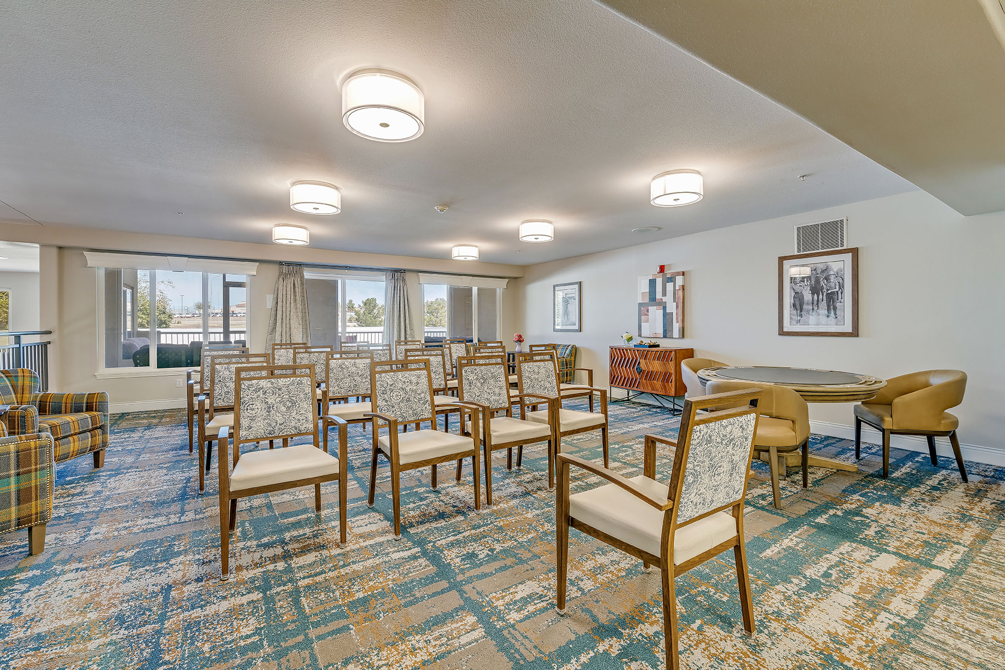 Empty common area with chairs arranged for an event