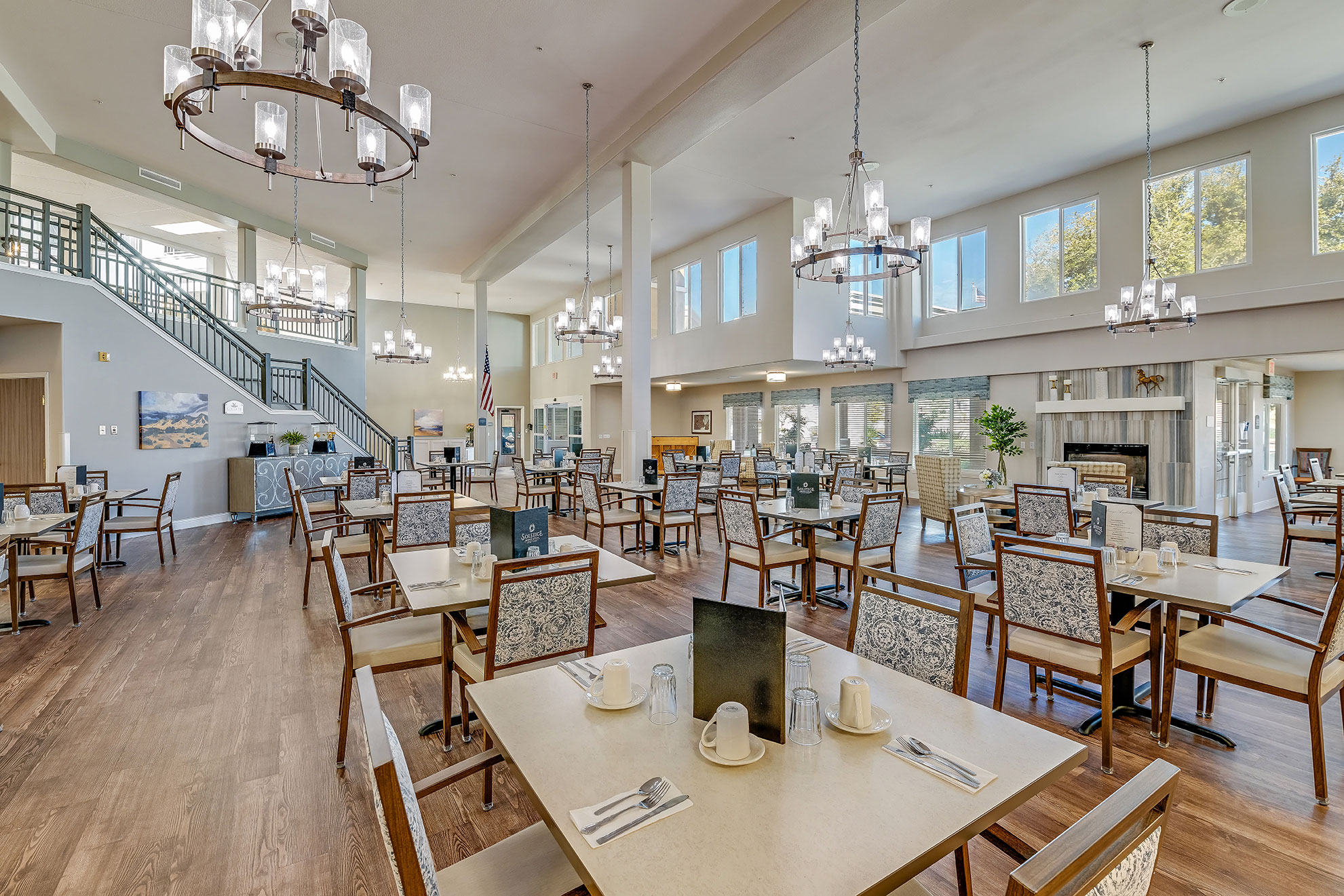 Dining area with tables and chairs set up