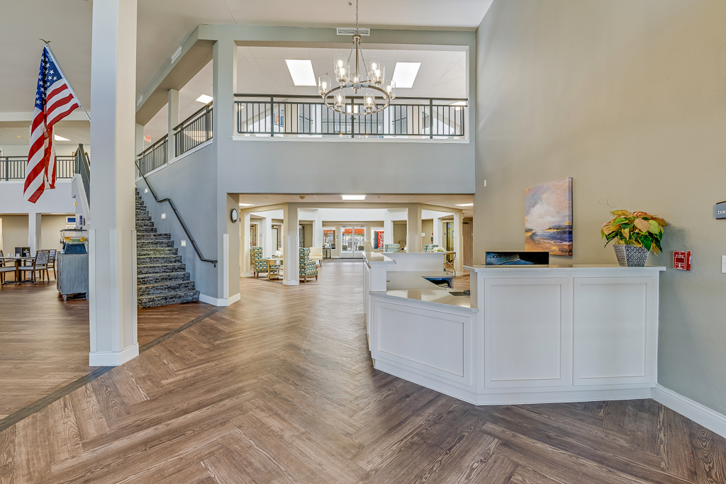 Lobby area with seating and decorative elements