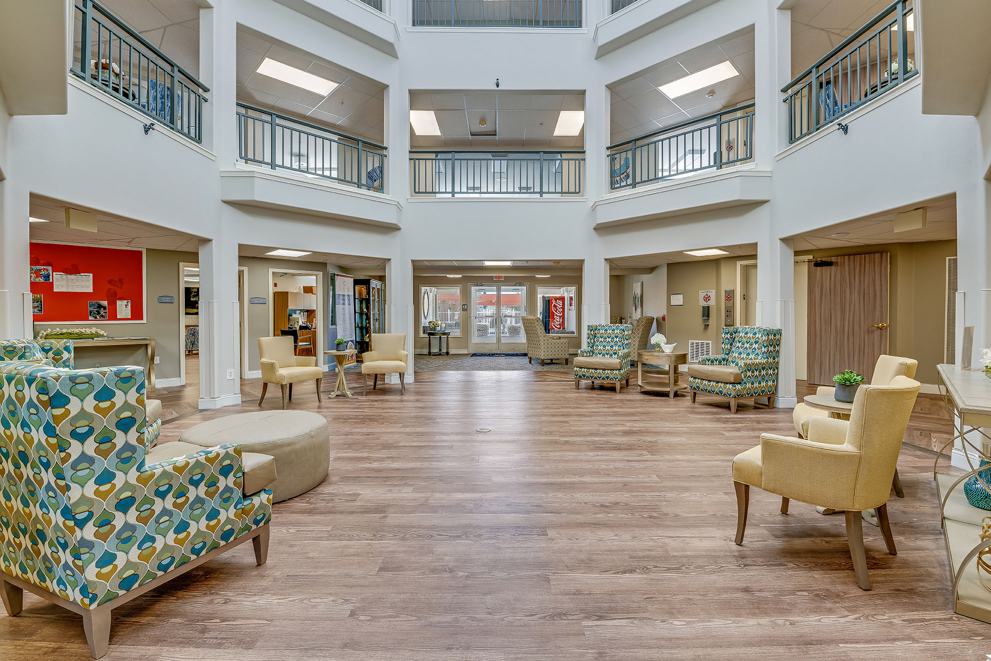 Bright interior common area with seating