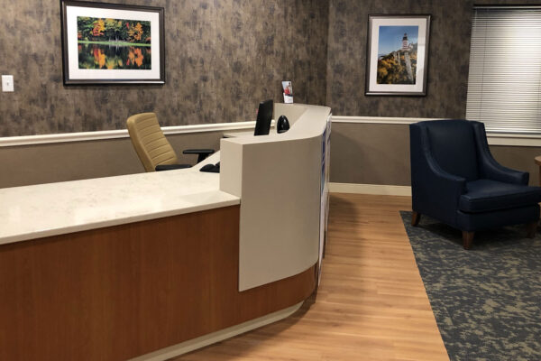 Reception area with seating and artwork