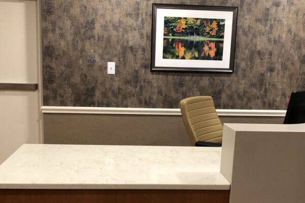 Reception area with a framed landscape photo
