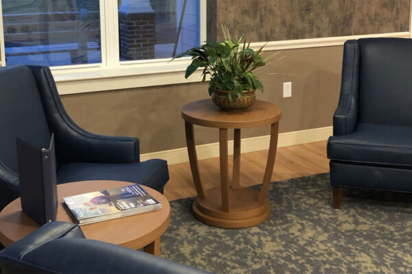 Cozy common area with blue chairs and plants.