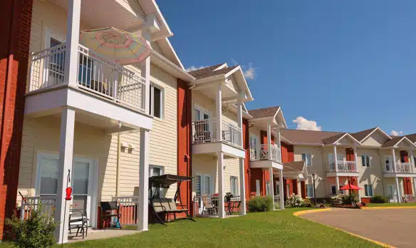Exterior view of residential buildings with balconies.