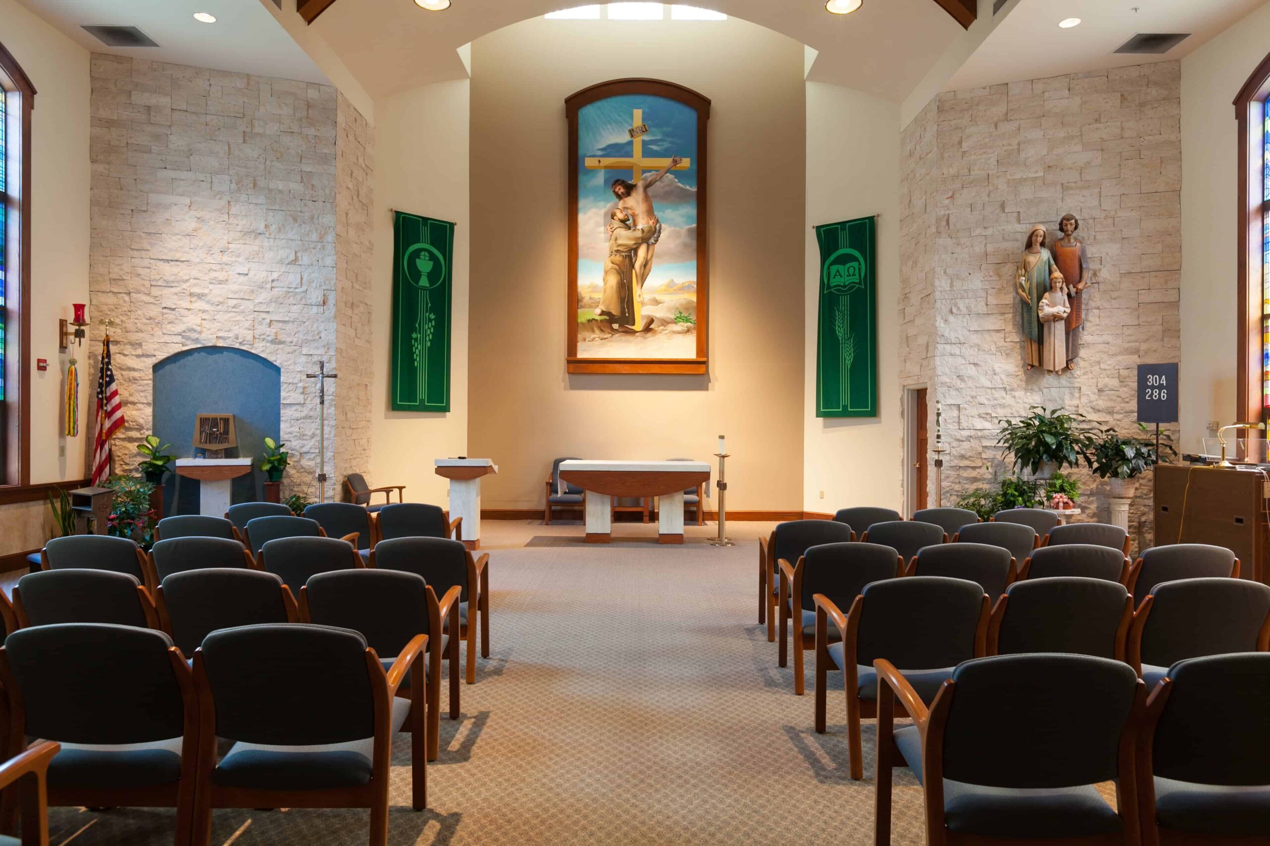 Interior view of a chapel with rows of chairs