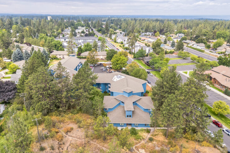 Aerial view of the assisted living facility and surroundings.