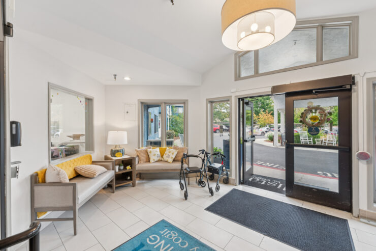 Entrance lobby with seating and a view outside