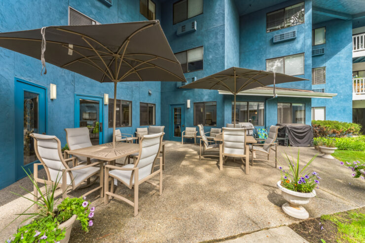 Outdoor seating area with umbrellas and plants