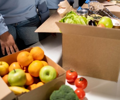 Fresh fruits and vegetables in cardboard boxes.