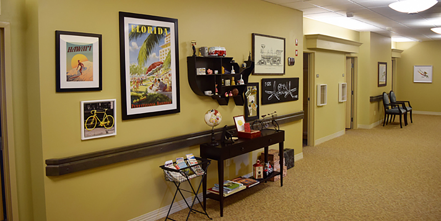 Interior hallway with decorations and seating