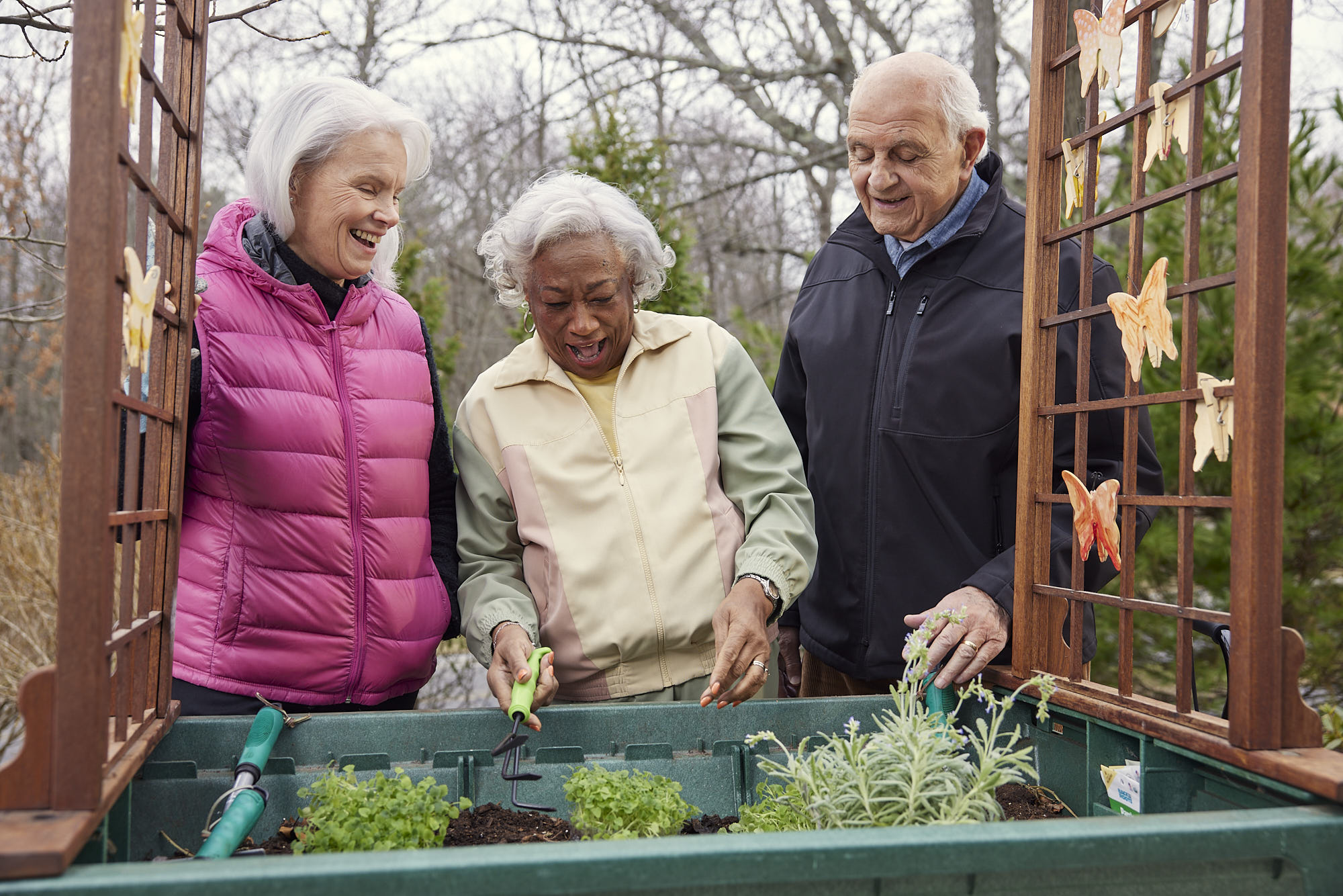 Seniors engaged in gardening activity outdoors.