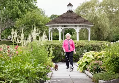 Senior woman walking two dogs in a garden.