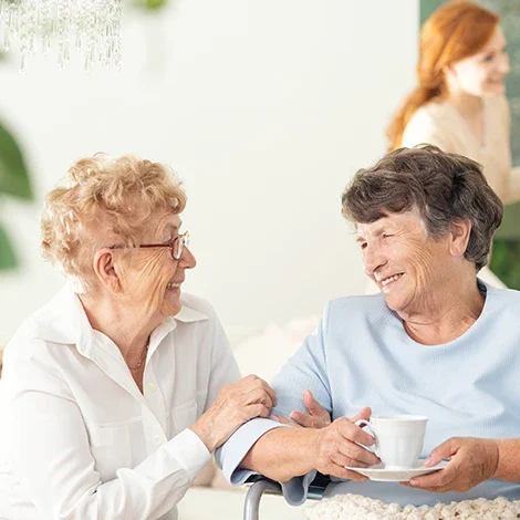 Two elderly women enjoying a conversation together.