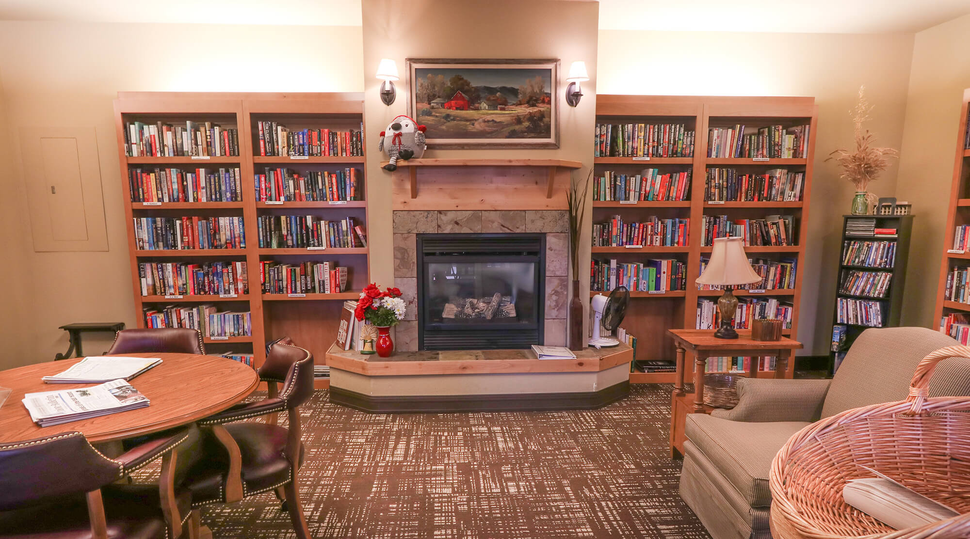 Cozy library area with books and seating