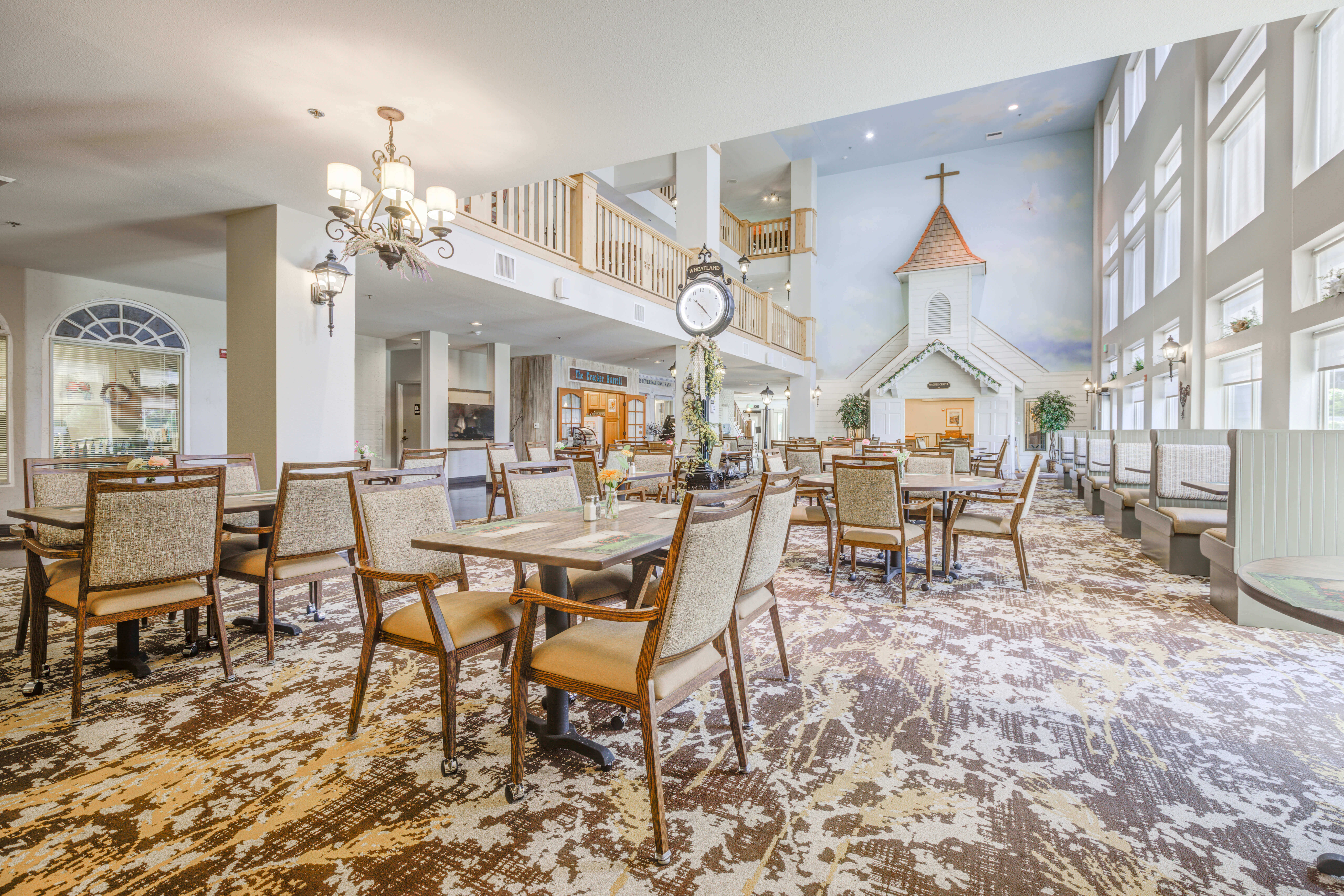 Spacious dining area with tables and unique decor