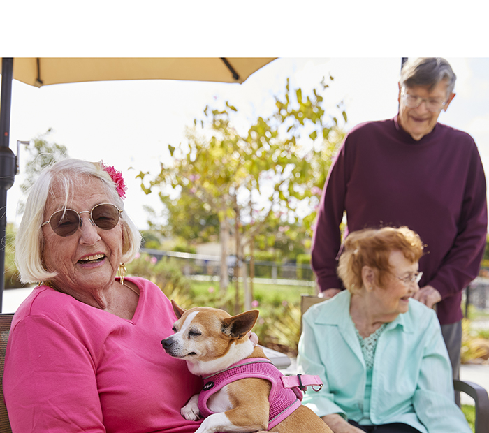 Seniors enjoying time outdoors with a dog.