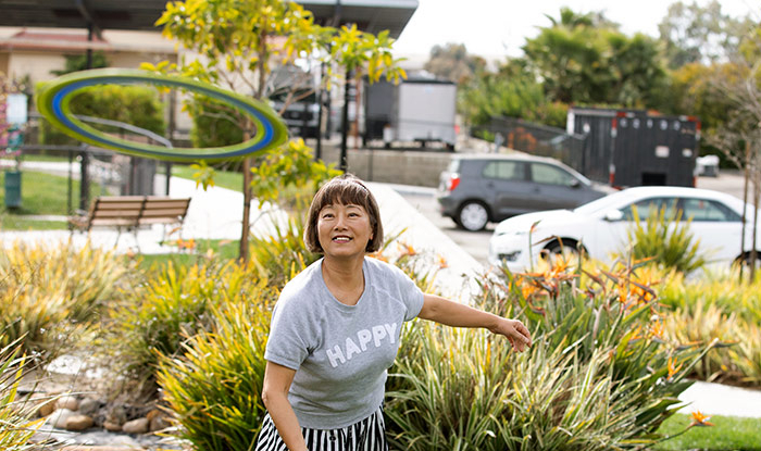 Resident enjoying outdoor activity in the garden