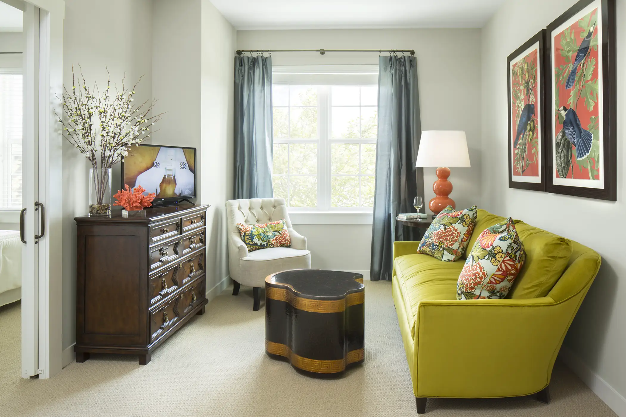 Brightly decorated common area in a resident's suite.