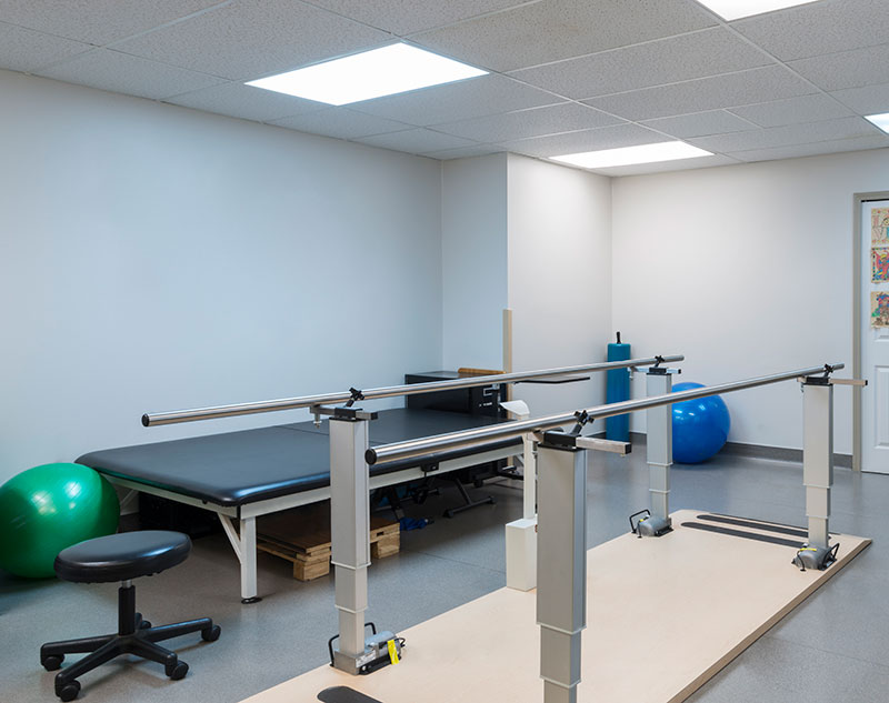 Rehabilitation therapy room with equipment