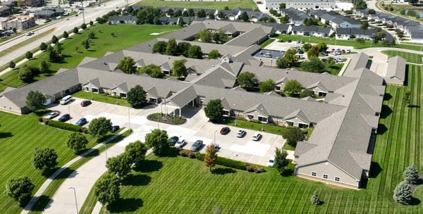 Aerial view of Yankee Hill Village buildings and landscaping.