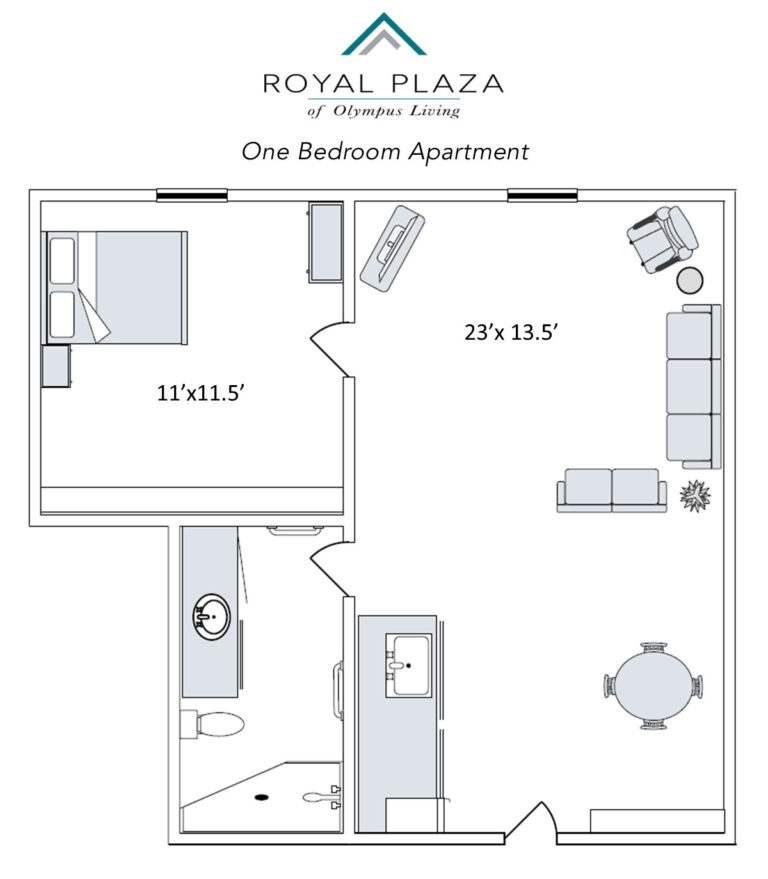 Architectural floor plan of a one-bedroom apartment.