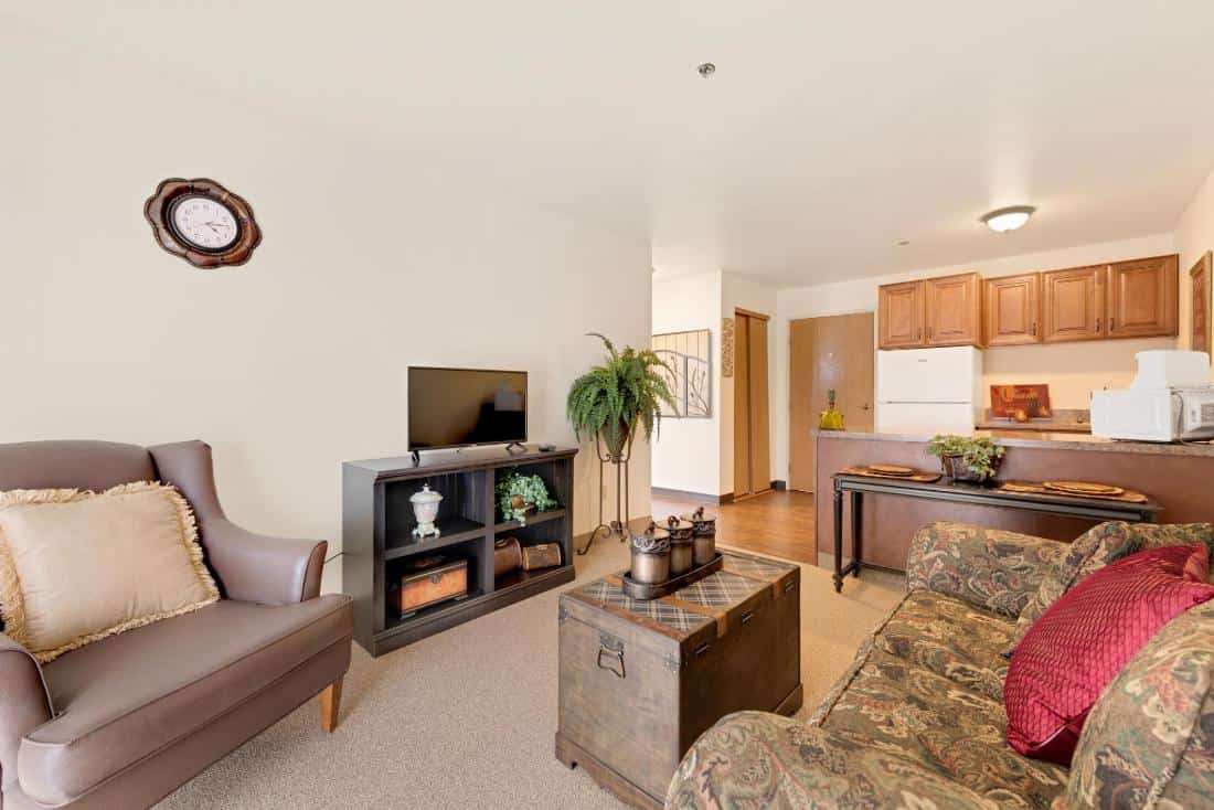Cozy living room setting in a resident's unit.