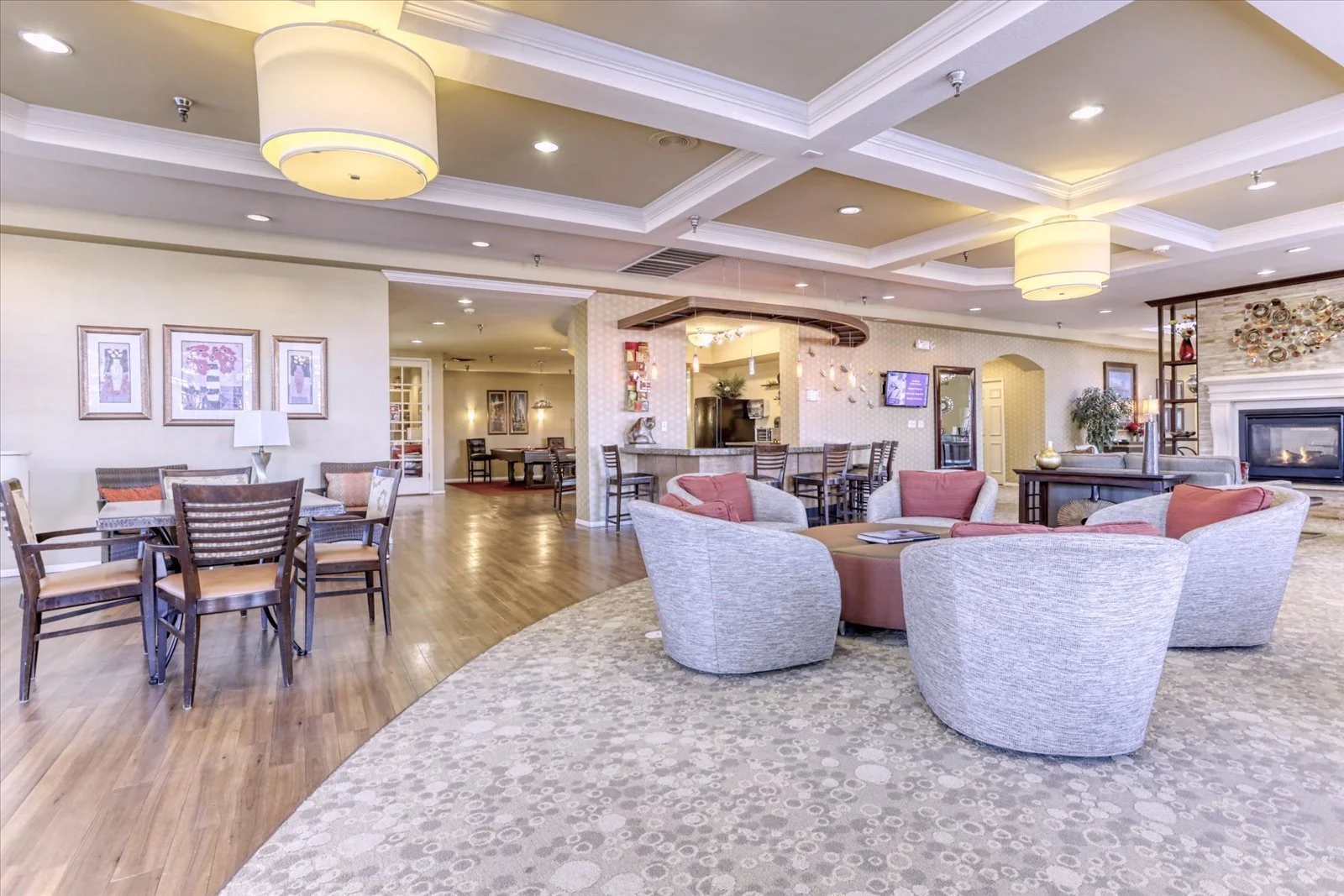 Common area with seating and dining arrangements.