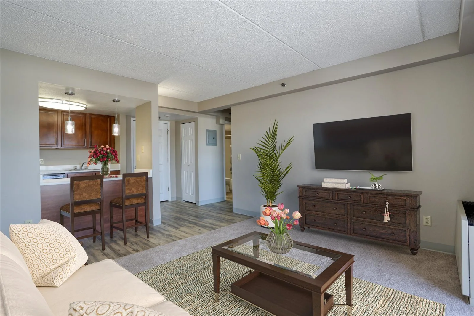 Bright living room with sofa and dining area