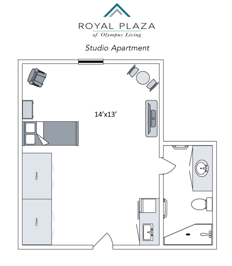 Floor plan of a studio apartment layout.