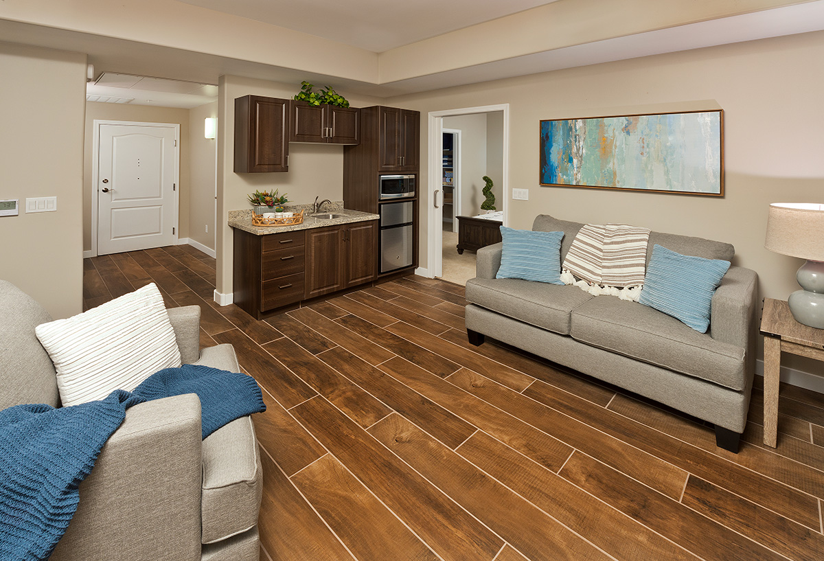 Interior view of a modern living space with kitchen