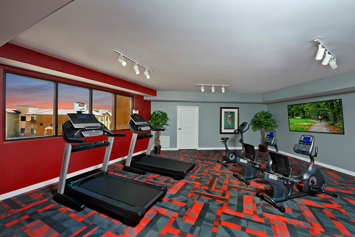 Well-equipped fitness room in a senior living facility