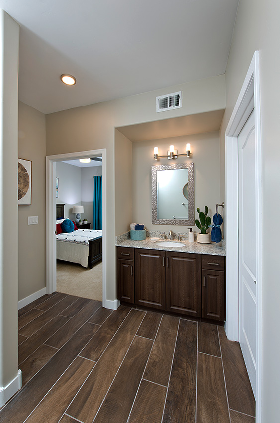 A well-lit bathroom area in a resident suite