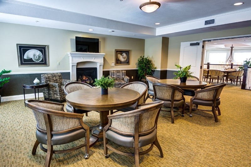 Cozy common area with seating and fireplace