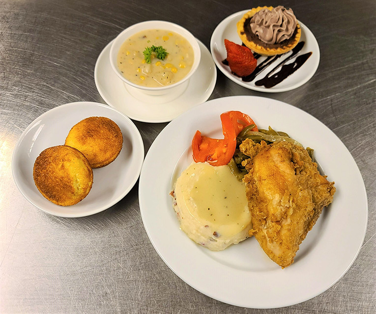 Plate of food served at a dining area