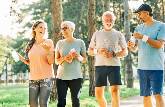 Group of seniors enjoying a walk in a park