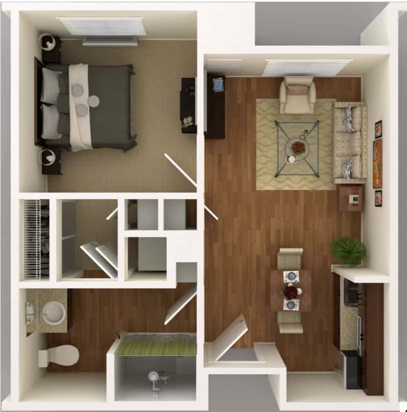 Floor plan of a one-bedroom senior living unit