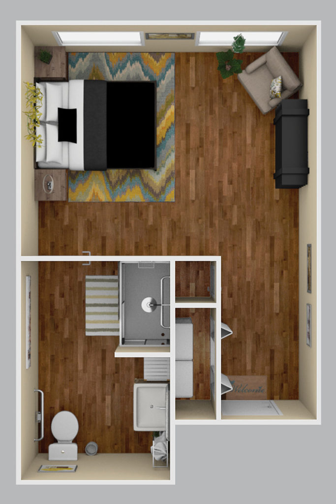 Floor plan of a private resident room with bathroom