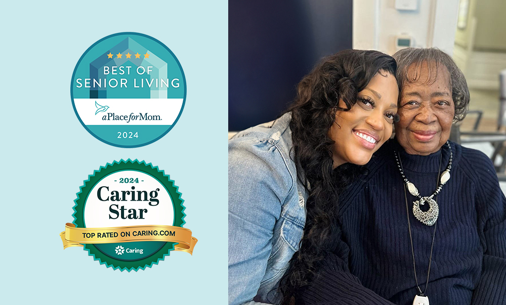 Caring staff member with a resident in a warm setting