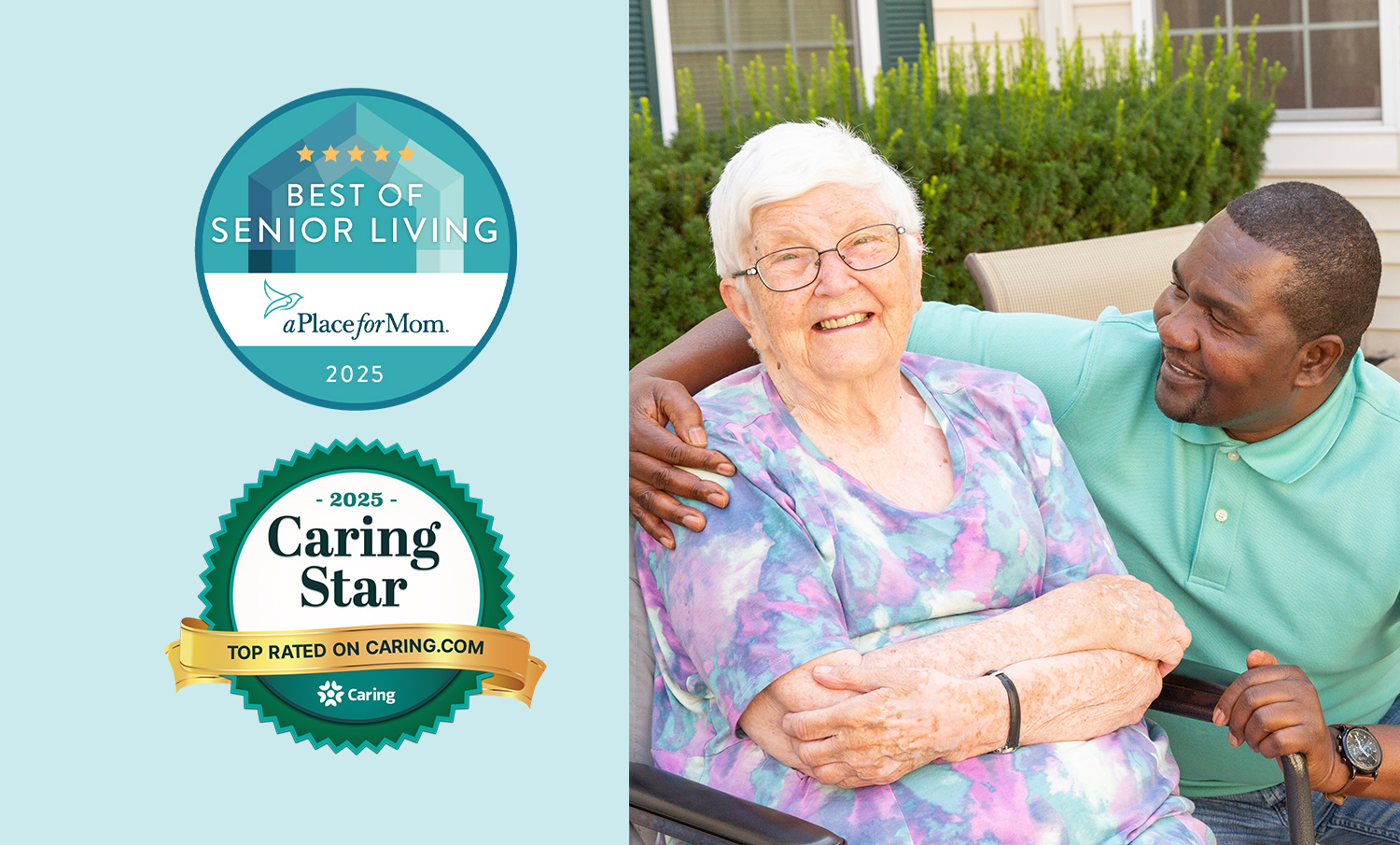Happy resident with staff member outside